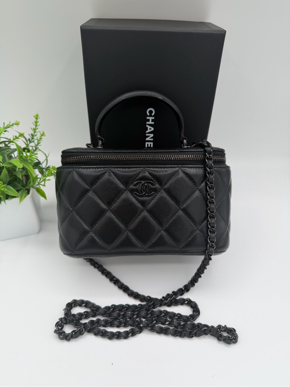 CHANEL Top Handle Black On Black Quilted Vanity Crossbody Bag in box Michrochip